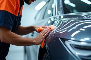 Technician washing and detailing car exterior